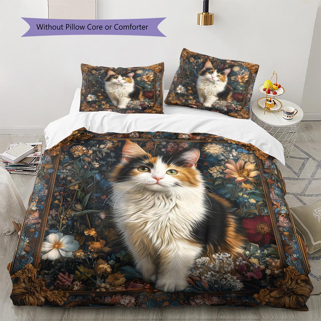 Calico Cat and Fresh Flowers Pattern Bedding Home Decoration Birthday Gift (1 * Duvet Cover + 2 * Pillowcase, Without Core)