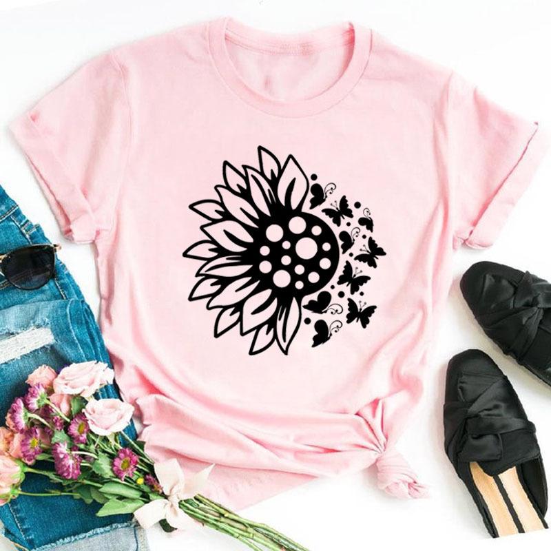 Fashionable Plus Size Color Butterfly Print Simple Base Shirt Loose Fitting Clothes Pure Cotton T-Shirts Women’s