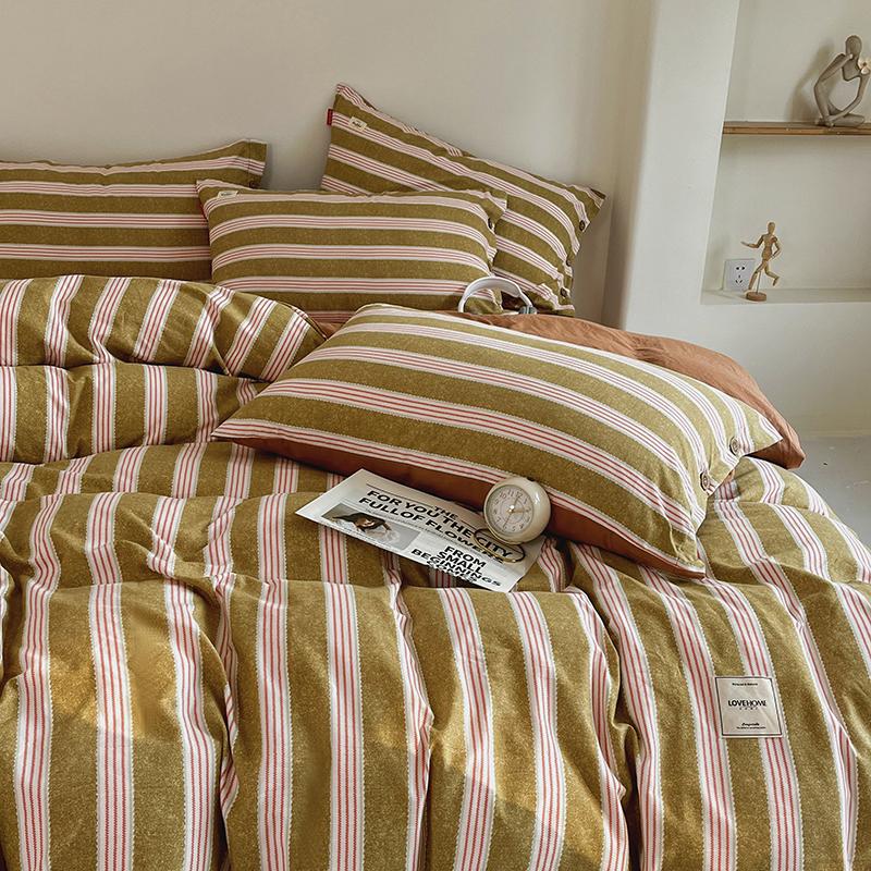 Stripe Bedding Set Plaid Duvet Cover 100% Washed Cotton 4pcs Bedding for Winter Bed with Sheet Pillowcases Home Textiles