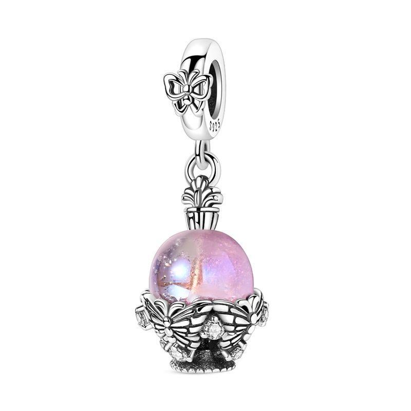 925 Silver Pink Bow Charms Earrings Rings Christmas Bell Pendant for DIY Jewelry Gift