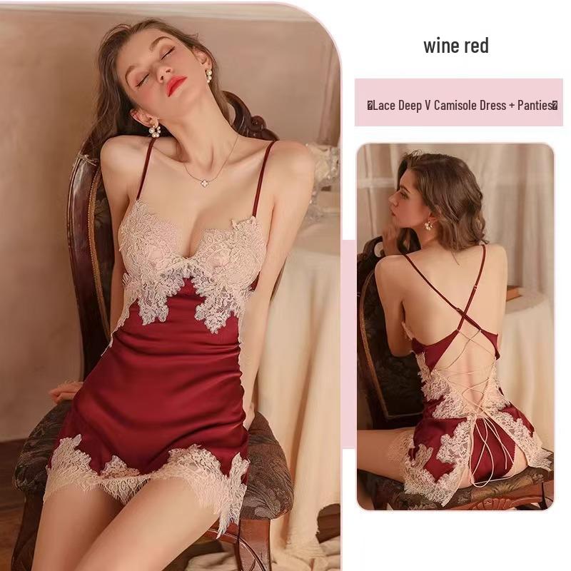 Sexy Satin Lace Patchwork Deep V Backless Nightgown One Size (Approx 40-60 kg)