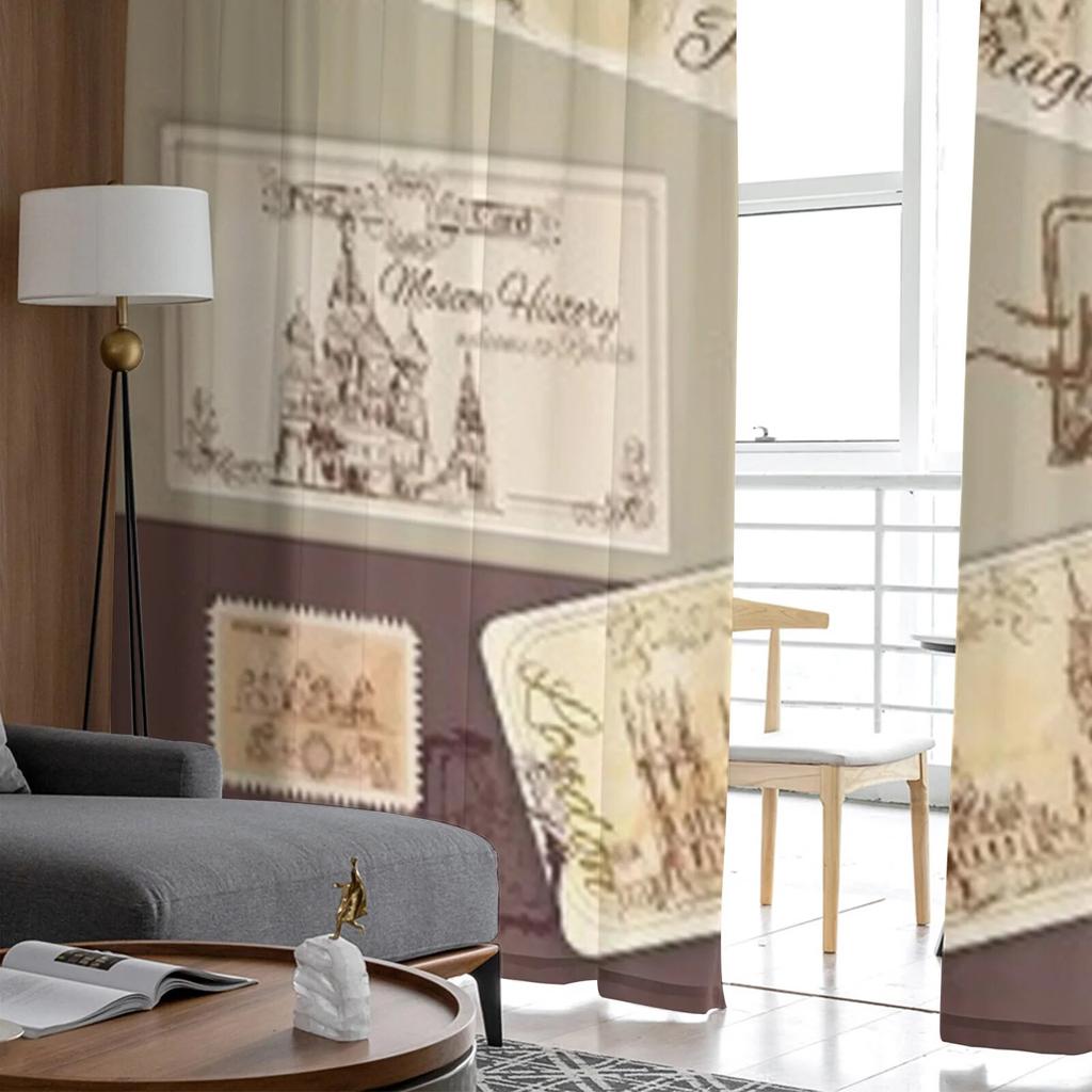 Vintage Postcards Template Sheer Curtains for Living Room Transparent Tulle Window Curtain Bedroom Kitchen Decor Veil Drapes