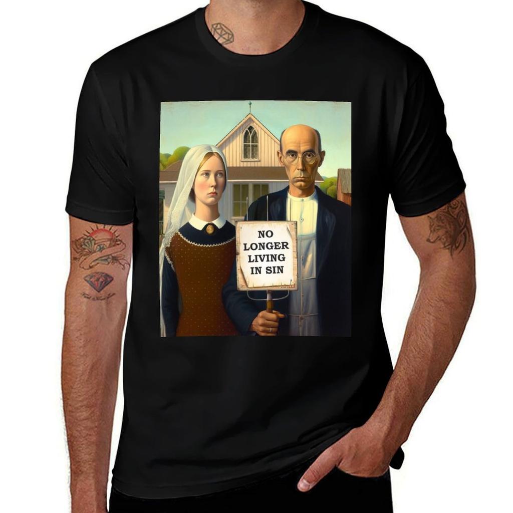 American Gothic Grant Wood Painting Famous Art Parody Tshirt Basic Solid Color Casual Tee Shirt