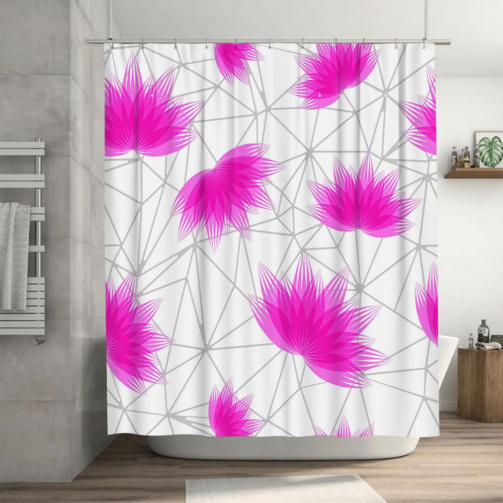 Bright Pink Lotus Shower Curtain Waterproof Bathroom Decor Geometric Pattern Print Shower Curtains for Home Decoration (White Ba