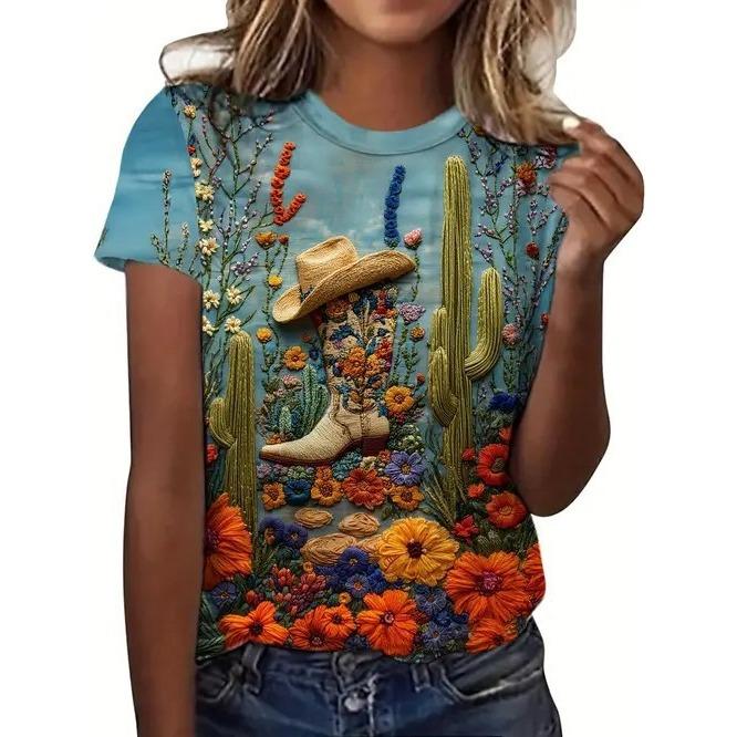 Summer Elegant Temperament Retro 3D Flower Pattern Printed Round Neck Short Sleeved Women's T-shirts