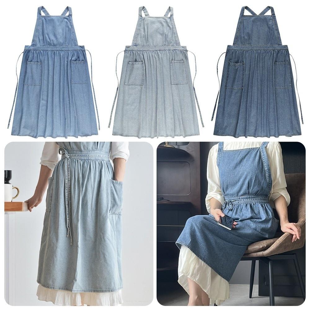Vintage Denim Apron Premium Cotton Canvas Heavy-Duty Apron Adjustable Waist Machine Washable Bib Apron Kitchen Cooking Baking