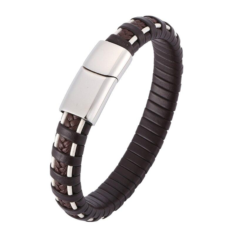 

Newest Men Bracelet Brown White Mixed Weave Leather Bracelet Stainless Steel Clasp Fashion Male Bangles 205mm коричневый