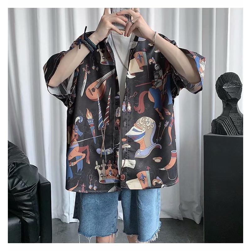 

Летняя тонкая мужская рубашка в гонконгском стиле, ретро с принтом, рубашка с коротким рукавом, ниспадающая, красивая, повседневная, с рукавом до локтя, топ, куртка 3XL чёрный