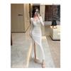 Sexy low-cut diamond-encrusted mesh with split ends and slim-fitting long hip-wrapped dress, foot-length dress, work clothes.