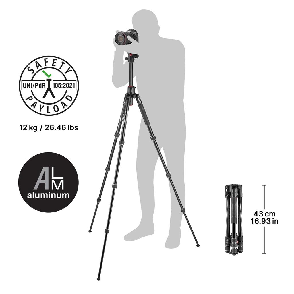 Manfrotto befree GT XPRO Black Aluminum Kit with 10kg Load Maximum Minimum Ball for Macro Photography T-Tripod MKBFRA4GTXP-BH Case, Capacity, 164cm,