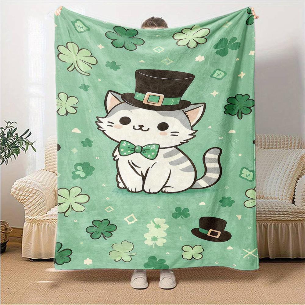 1pc cat shamrock blanket Lightweight Flannel Throw for Sofa Bed Travel Camping Livingroom Office Couch Chair