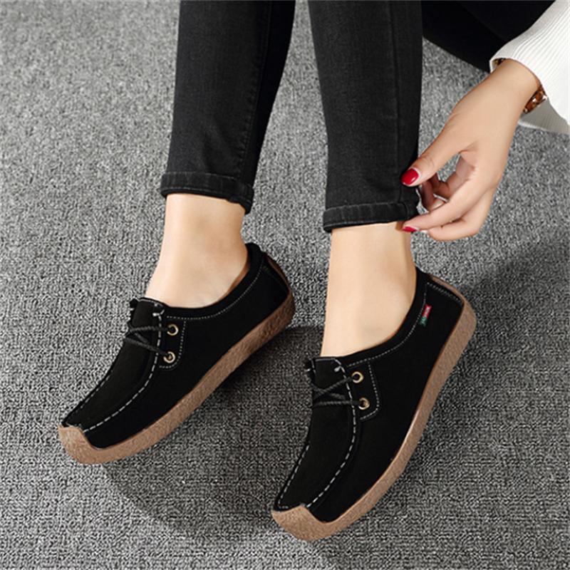 New Autumn Casual Women Shoes Loafers Lace Up Suede Leather Flats Slip-On Mom Shoe Mujer Zapatos Chaussure Femme Size 35-42