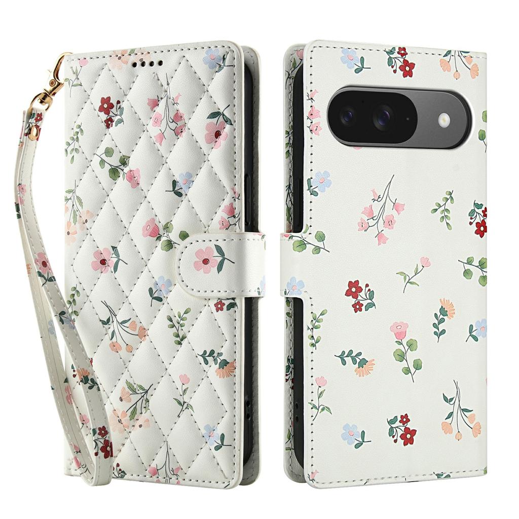 Wallet Case for Google Pixel 10 Pro/10/9 Pro/9 Rhombic Floral Design Leather Flip Phone Cover with Strap