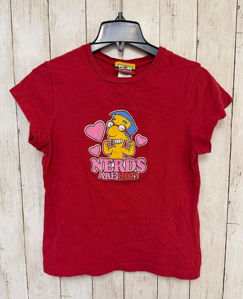 The Simpsons Milhouse Nerds Are Hot T-Shirt Girls XL Red Graphic Tee Vintage Y2K Unisex T-Shirt S