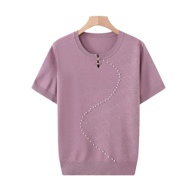 2026 New Style Ice Silk Summer T-Shirt for Middle-Aged & Elderly Moms - High-End, Short-Sleeved, Stylish Knit Top