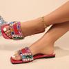 Fashion Women's Fashion Flat Slippers in Summer New Square Shallow Diamond Beaded Soft-soled Anti-slip and Wear-resistant Slippers.