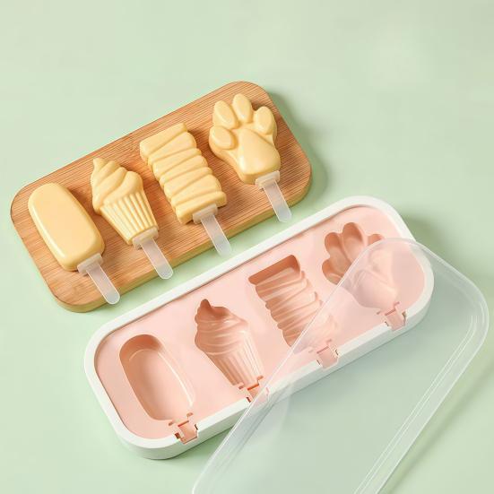 Ice Cream Mold with Anti-Spill Dust-Proof Cover Food-Grade Silicone 4 Compartments Reusable Popsicle Maker for Kids Jelly Mousse Homemade Treats
