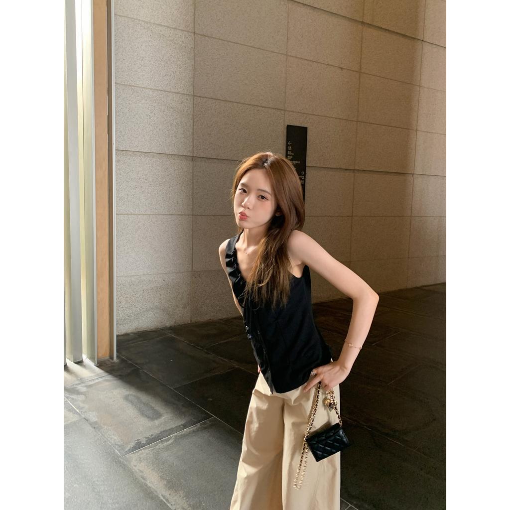 [Original quality + inner lining] American retro Spice Girl collar vest, suspender, sleeveless summer drawstring beaded top