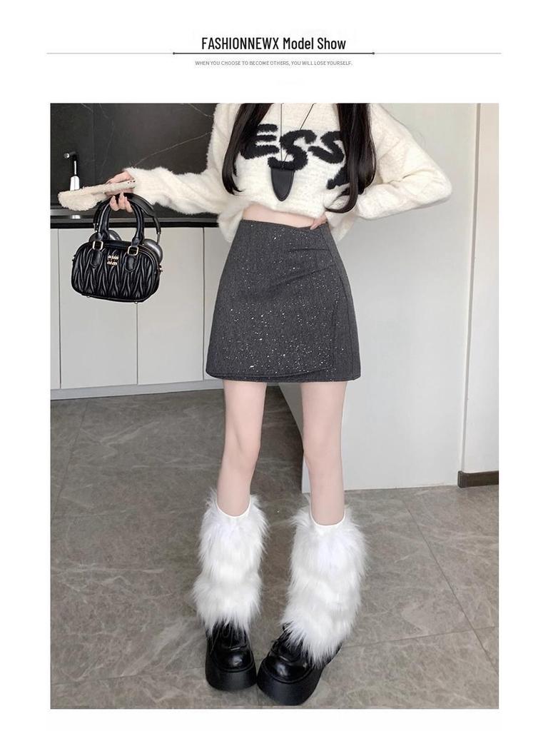 Black Sequined Woolen High-Waisted A-Line Skirt for Autumn/Winter - Slimming, Hip-Hugging, Irregular Hem, with Anti-Exposure Design.