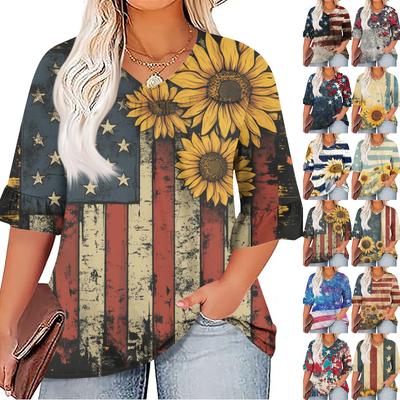 Moda Feminina Casual Decote V Manga Sete Manga Babado Dia da Independência Estampada Camiseta Tops Tamanho Plus Feminino