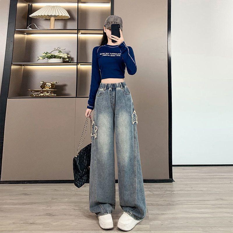Dames Plus Size Losse Jeans met Hoge Taille en Wijde Pijpen, Slank Makende Student Fit
