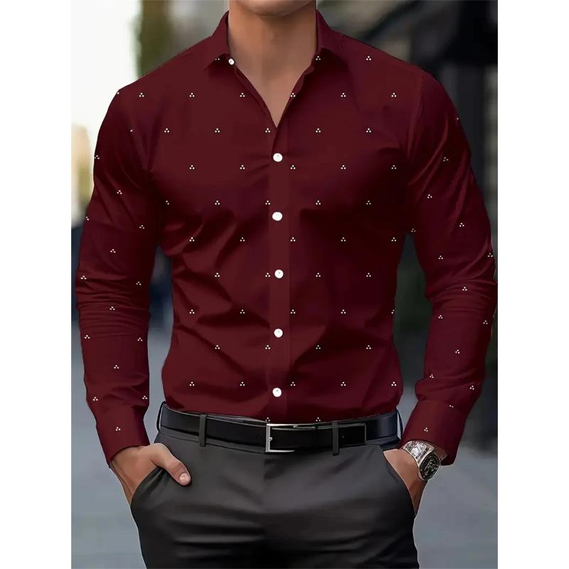 Men's Fashion Polka Dot Digital Print Shirts, Casual Breathable Lapel Button Long Sleeve Shirt Men's Clothing Men's Formal Tops