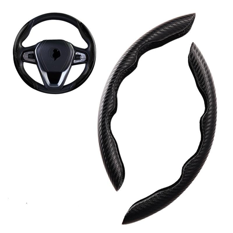 2Pcs Car Steering Wheel Cover Antiskid Four Seasons Universal Carbon Fiber Silicone Suede Protective Decorative