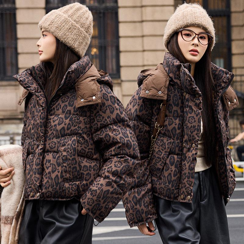 Women's Thickened Short Detachable Hood Leopard Print Jacket