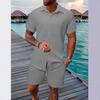 Herren Casual Unifarben Jacquard Kurzarmhemd und Shorts Zweiteiliges Urlaubsset