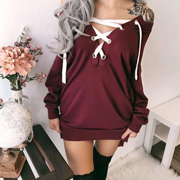 Women Sexy Lace Up Bandage Deep Off Shoulder Hoodies With Long Loose Pullover Sleeves