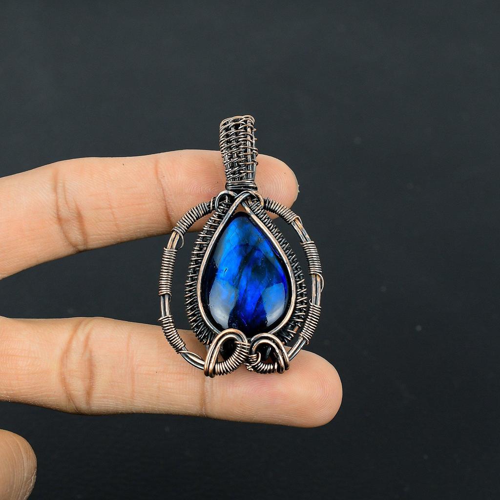 Blue Flash Labradorite Handmade Pendant, Natural Gemstone Jewelry, 999 Copper Wire Wrapped Pendant Jewelry, For Gift