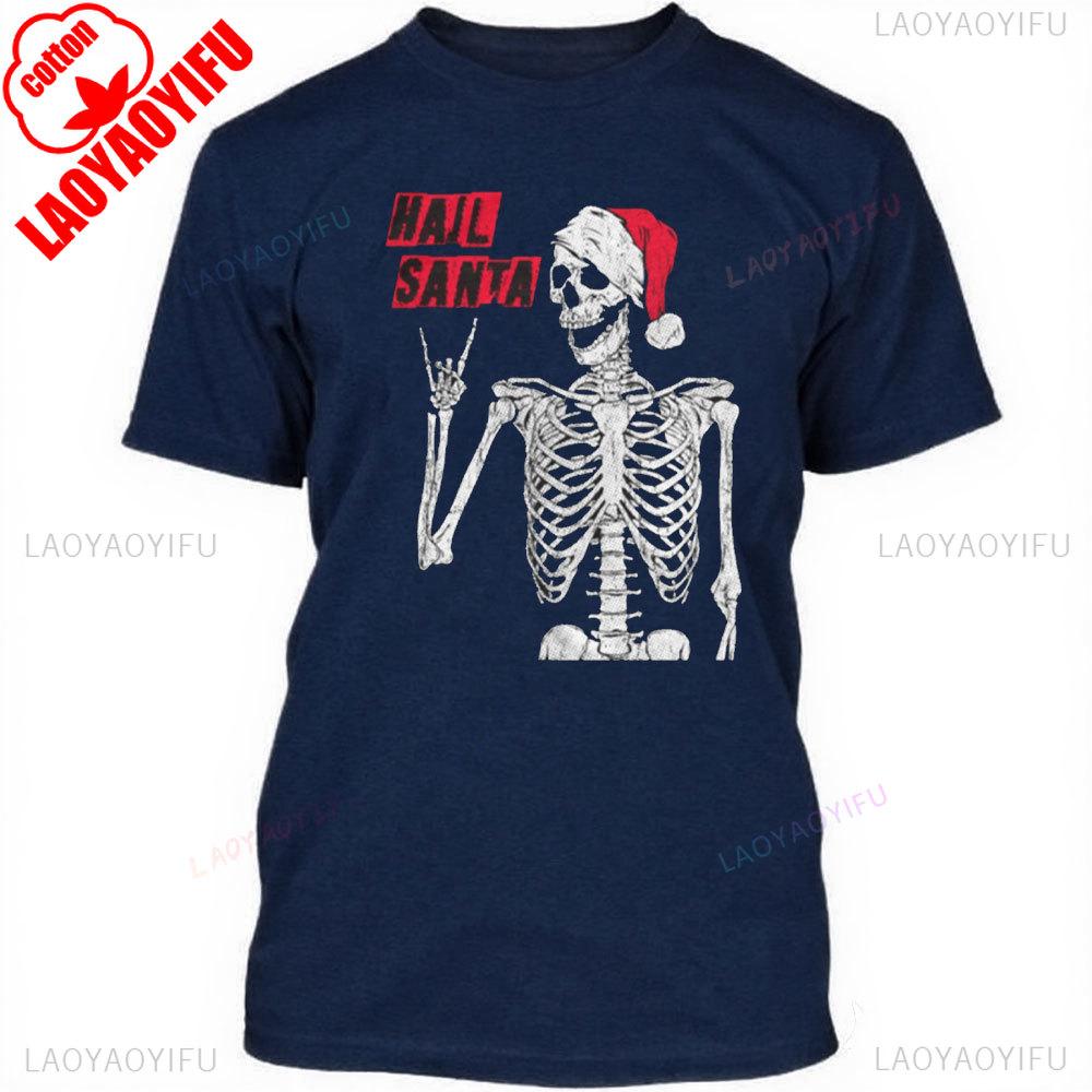 Mens Hail Santa T Shirt Funny Xmas Skeleton Metal Horns Joke Tee for Guys High Quality Cotton Tops Aesthetic Clothes