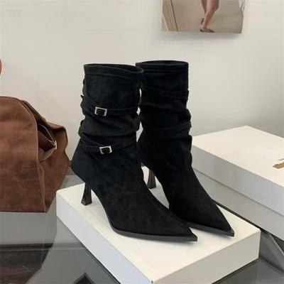 Moderne spiss tupp Tynn hæl Mid-calf støvel Dame Fløyelsoverflate Fransk stil Høyhælte Sko Smal Kort støvel Dame