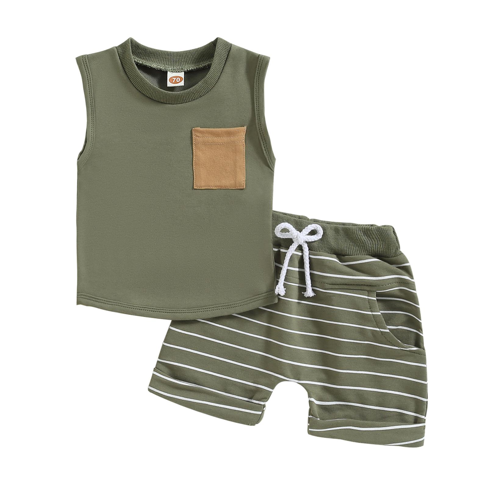 

2Pcs Baby Boy Summer Outfits, Sleeveless Pocket Tank Tops + Striped Pocket Shorts Set 18-24 Months зелений