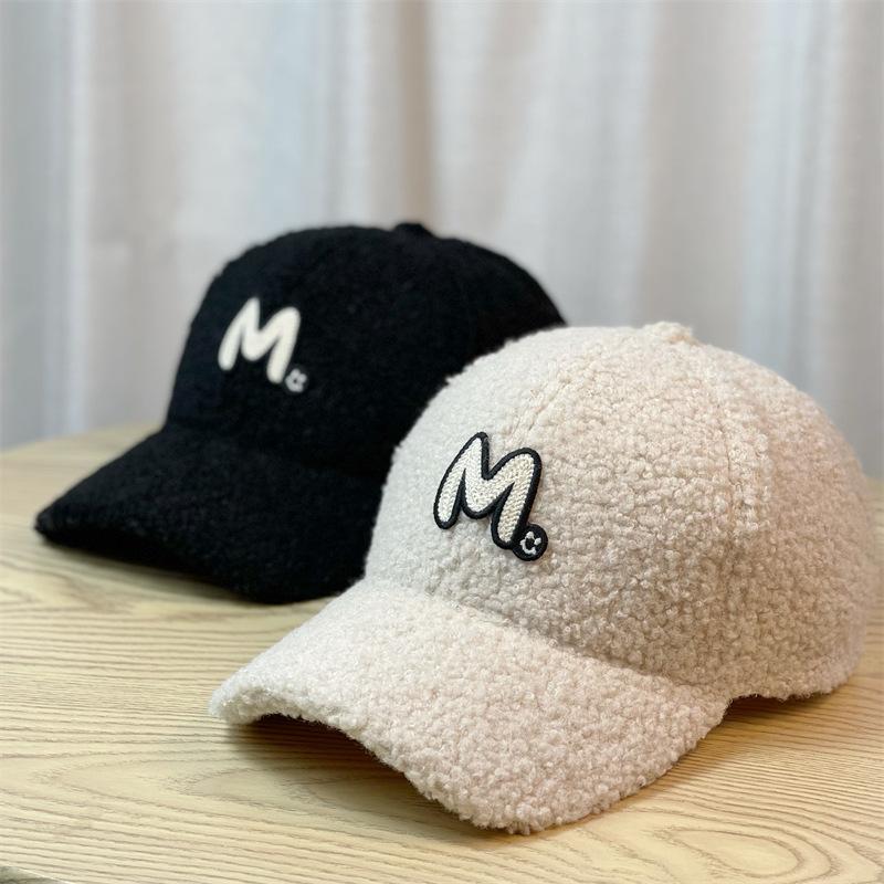 New M Embroidered Letter Hat for Women Autumn and Winter Lamb Velvet Baseball Cap Korean Version Ins Casual Thickened Warm Peaked Cap