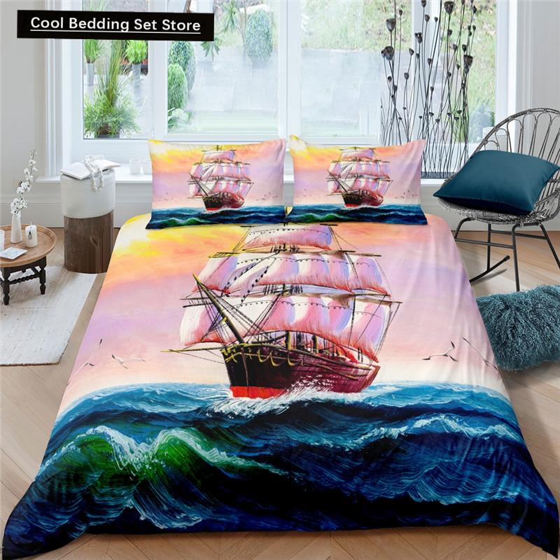 Nautical Sailboat Duvet Cover Queen King Size 3D Oil Painting Boat Style Bedding Set Ocean Soft 2/3pcs Polyester Quilt Cover