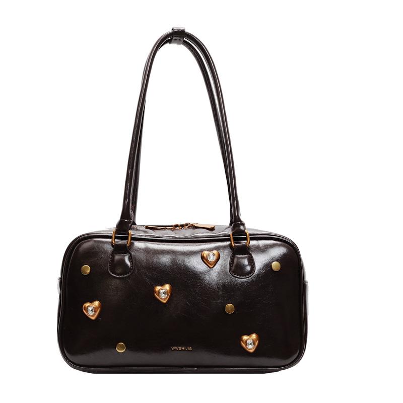 

Fashion personality diamond-encrusted underarm bag women s winter versatile oil wax leather texture sheet темно-коричневого