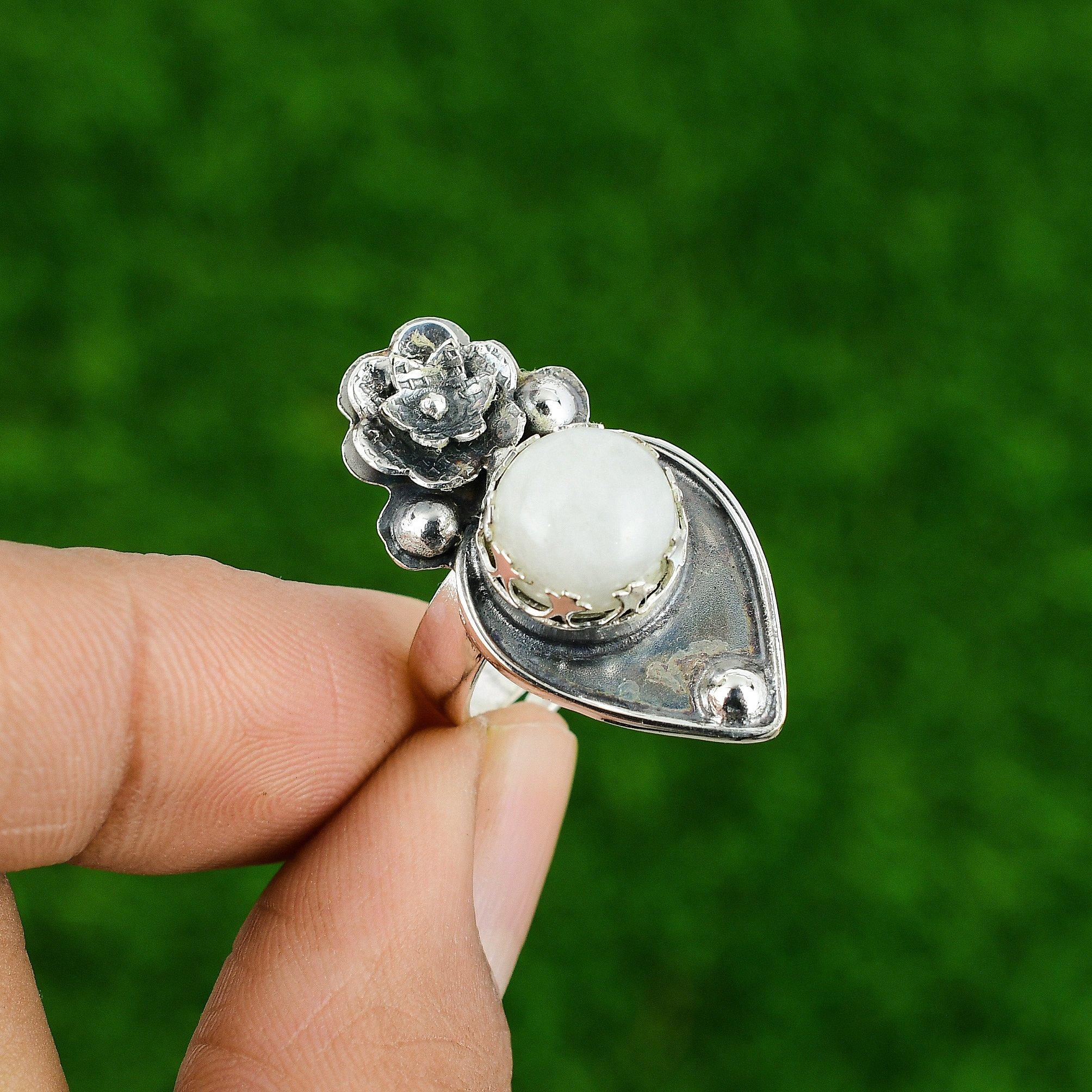 

Natural Rainbow Moonstone Multi Stone Flower White Adjustable Ring 925 Silver Adjustable