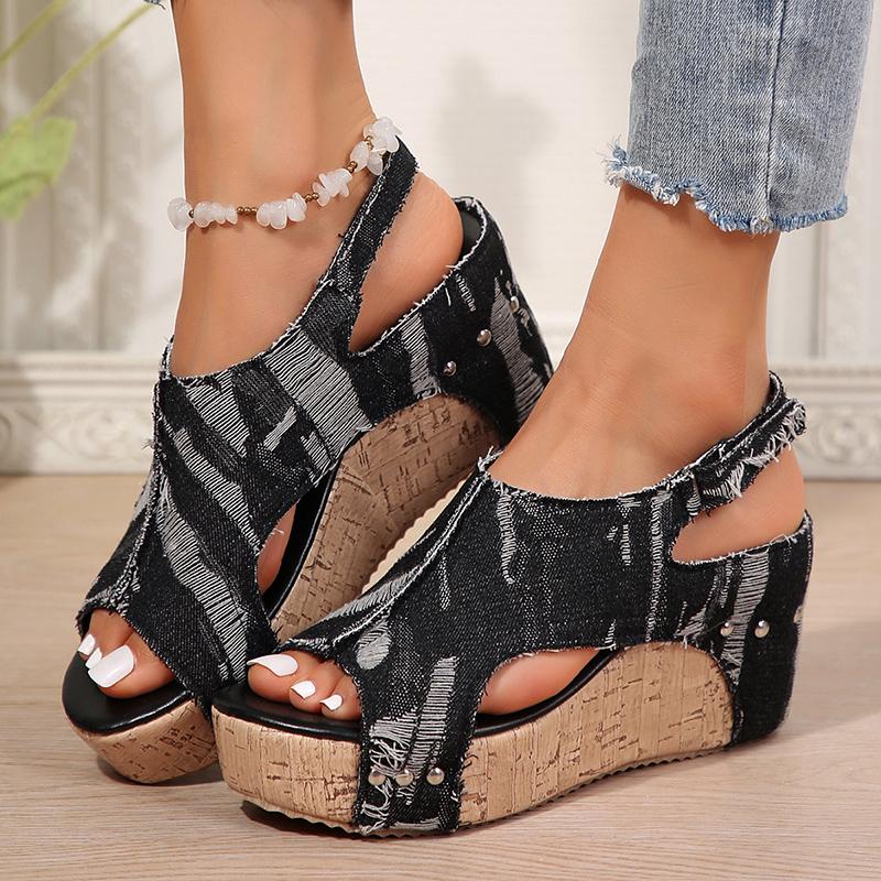 Fashion Blue Denim Wedges Sandals for Women 2025 Summer Thick Bottom Beach Shoes Woman Peep Toe Chunky Platform Sandalias Mujer