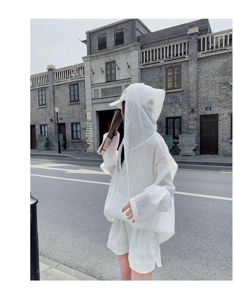 2025 Women's Summer Sun Protection: Loose White Hooded Long-Sleeve Top & Shorts Two-Piece Set