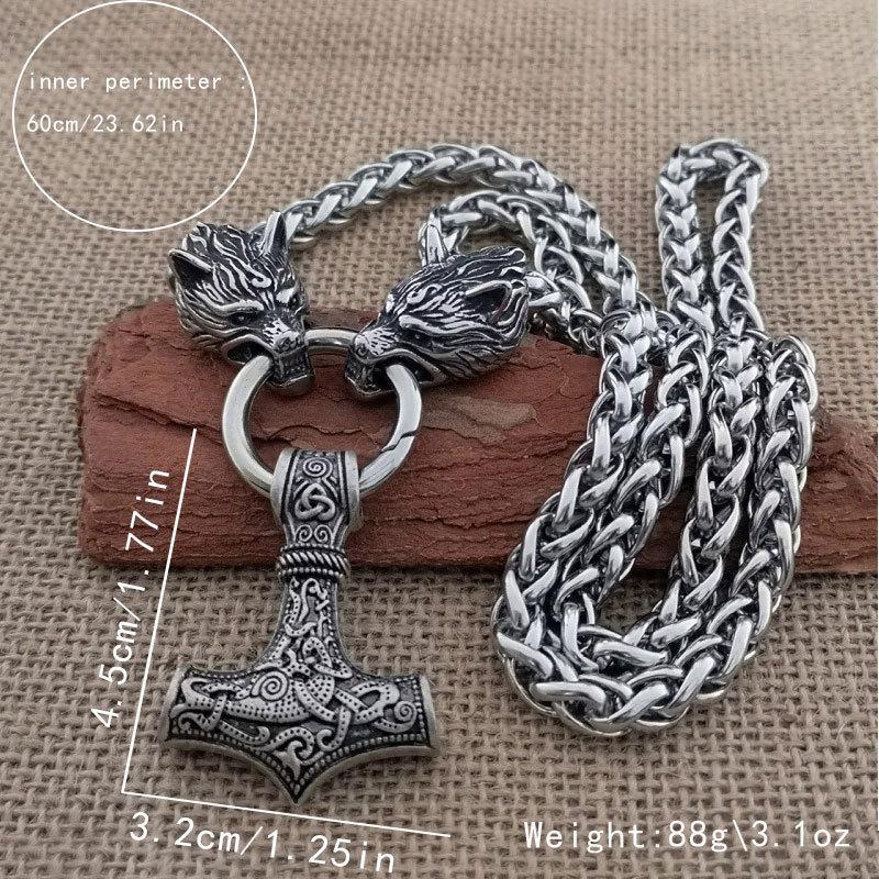 Viking Thor Hammer Wolf Head Necklace Bold Mens Jewelry Pendant for Men Default