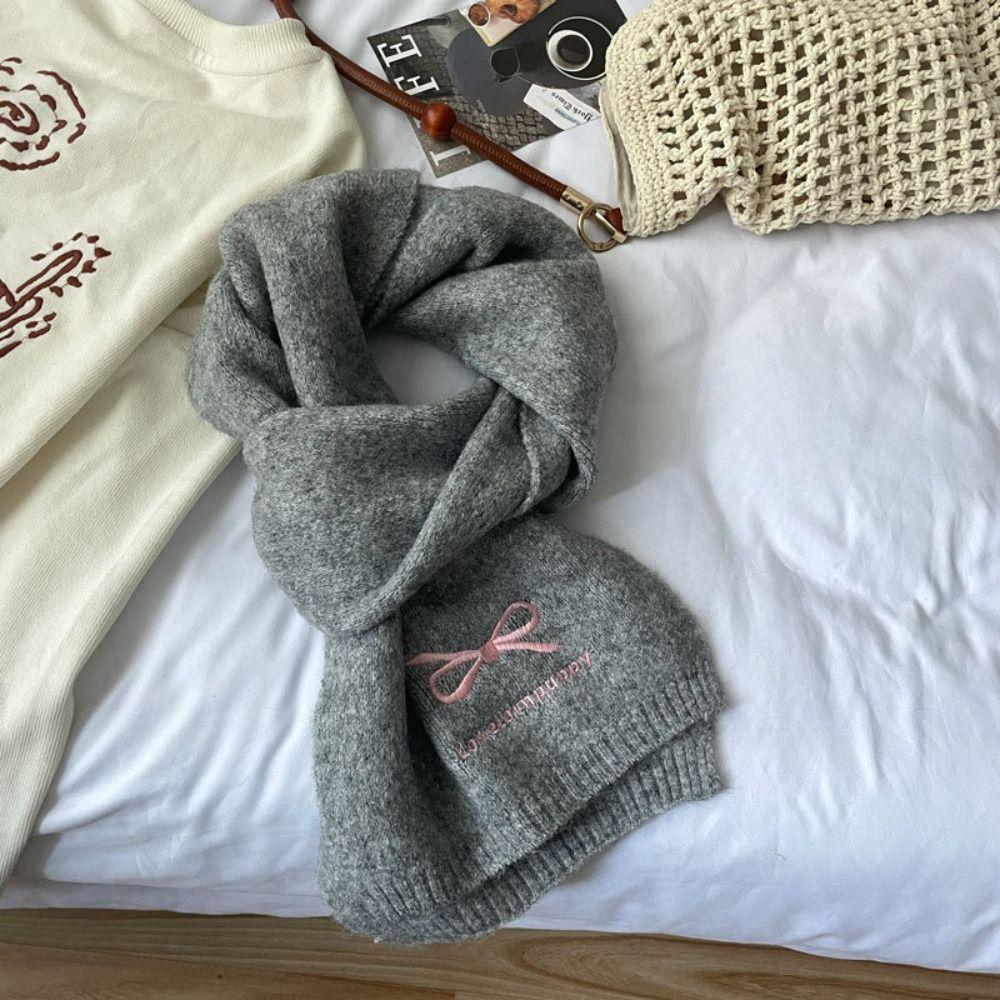 

Letter Knitted Scarves Bowknot Wool Shawl Simple Embroidery Bow Scarf Autumn Winter серый