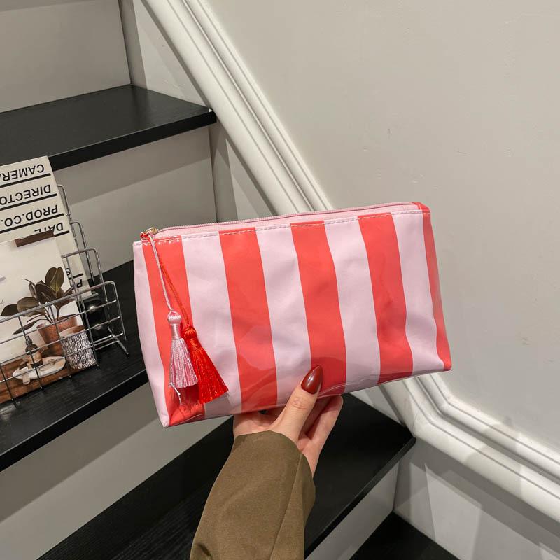 Striped Pvc Makeup Bag Waterproof Washable Zipper Cosmetic Pouch With Tassel Portable Travel Storage Hand Bag For Women Gift