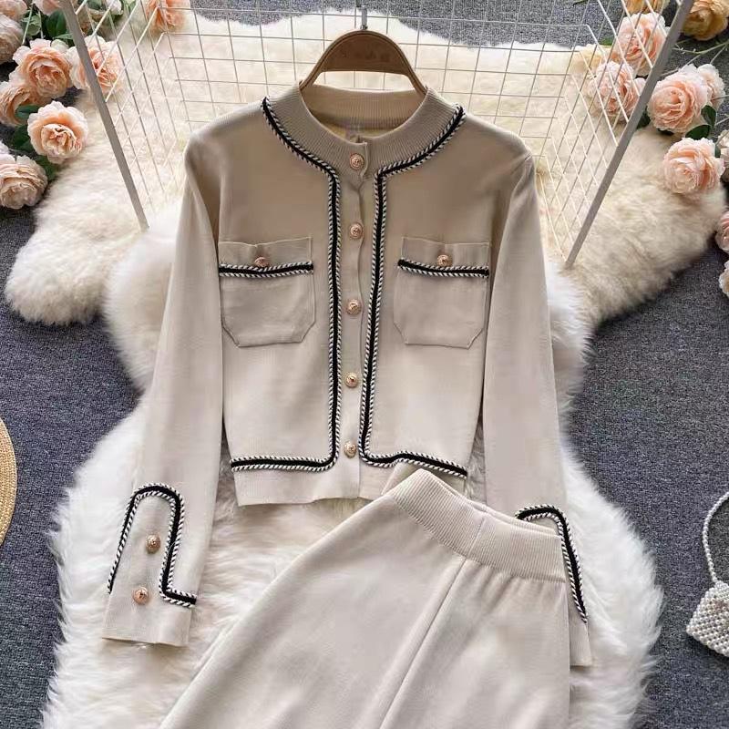 Women Knitted Sweater Two Pieces Sets X Cropped Knitwear Cardigan Conjuntos High Waist Ankle Length Wide Leg Pants Suits