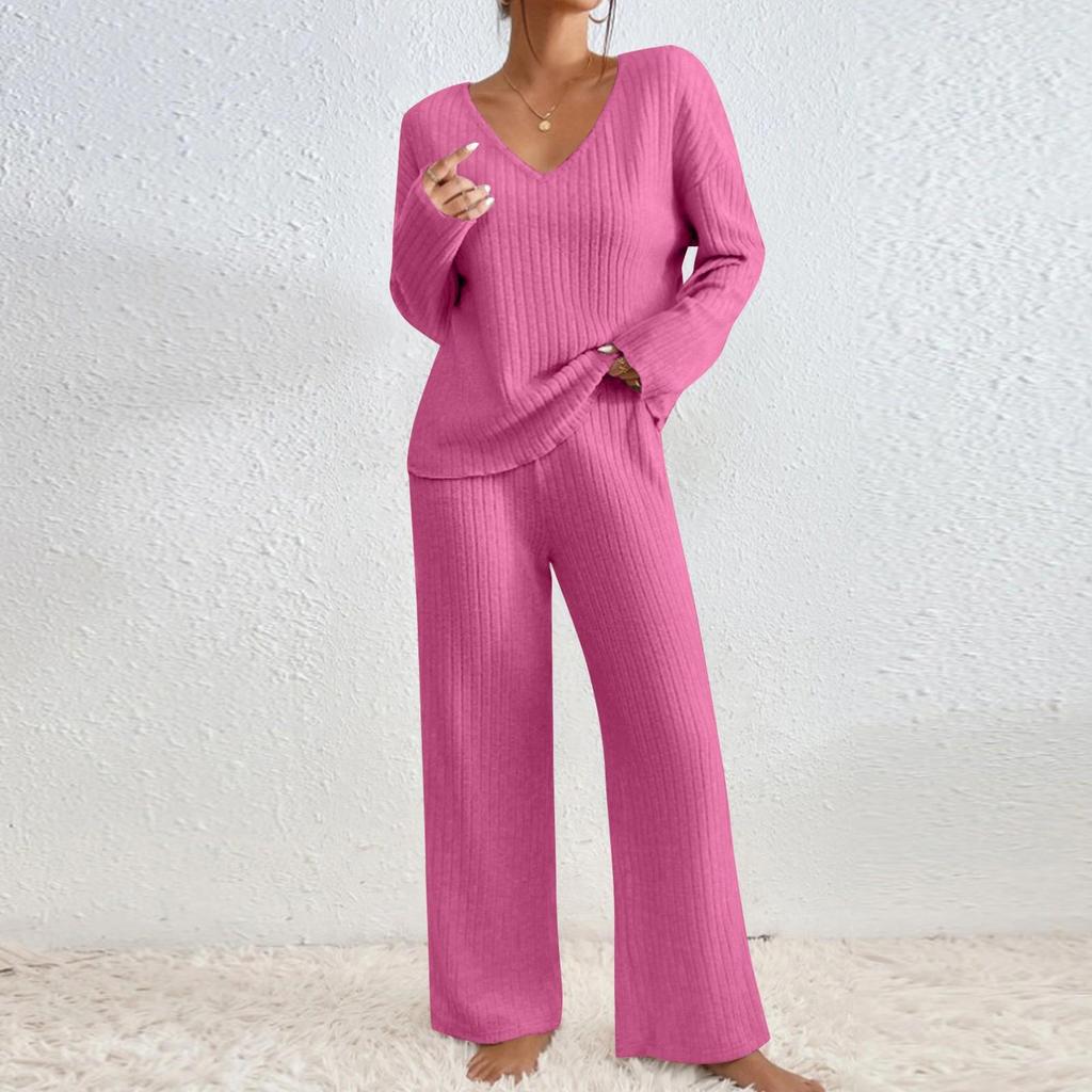 Women's Solid Color Stripe V-neck Long Sleeved Top And Pants Two-piece Set
