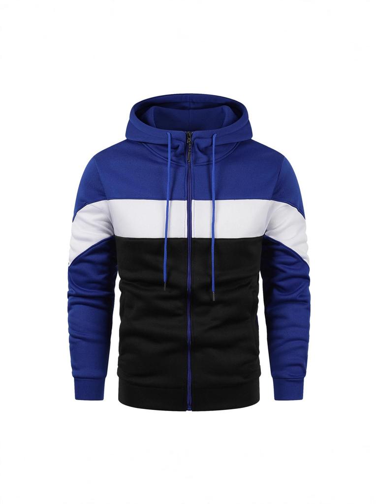 Men's Plus Size Color Block Hooded Zip-Up Cardigan Jacket - European & American Spring/Autumn Casual Wear