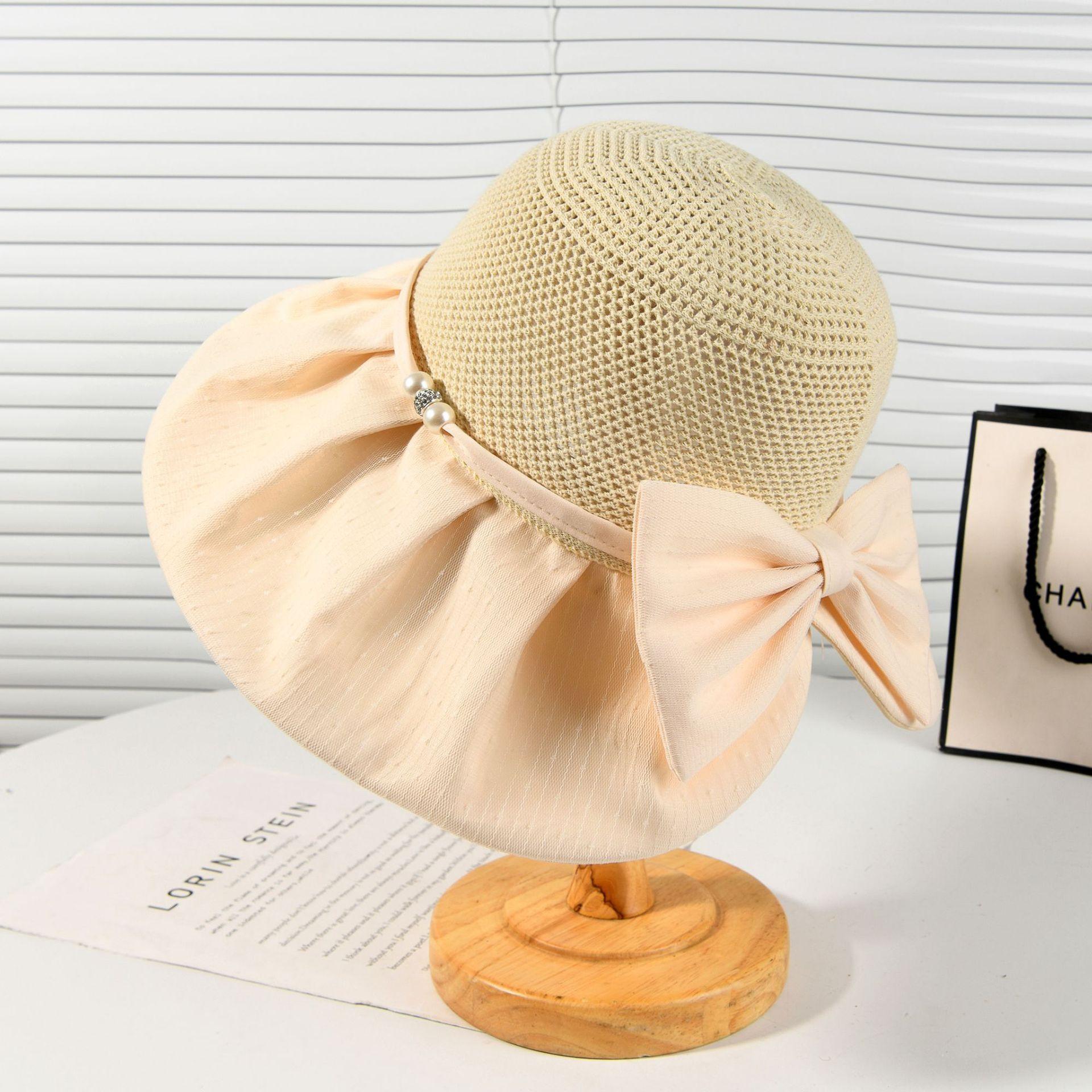

Spring and summer new bucket hat women s splicing knitted sun hat travel sunscreen versatile beach hat bow foldable M（56-58cm） бежевый