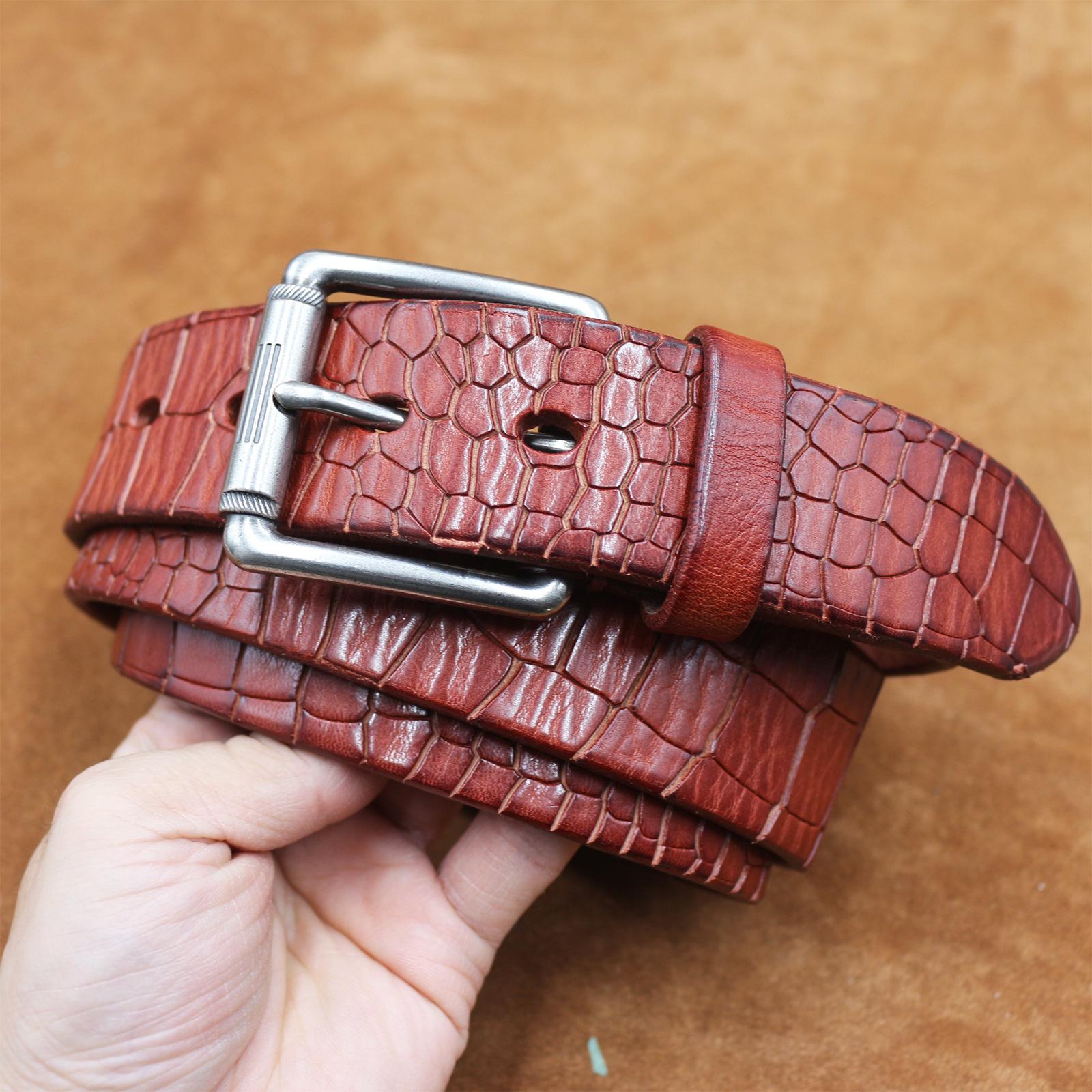 

3.8CM Wide Italian Thickened Top Layer Pure Cowhide Crocodile Leather Belt, Men s Retro Versatile Denim Belt 130cm