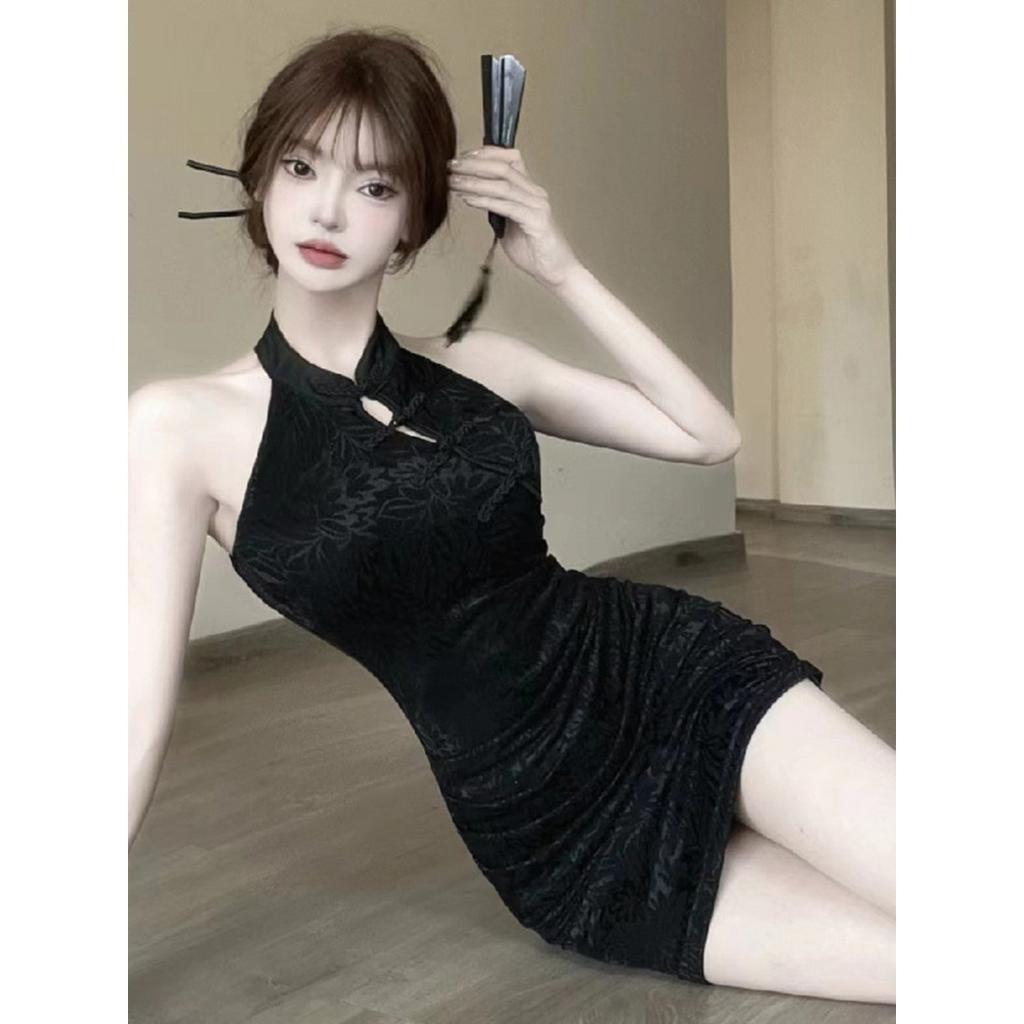 New Chinese-style neck cheongsam dress for women's summer new disc-buckled jacquard waist and thin hip-wrapped short skirt