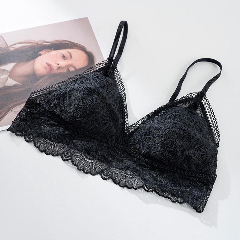 Silk French romantic triangle cup beautiful back underwear, mulberry silk sexy lace ultra-thin steel-rimless bra M